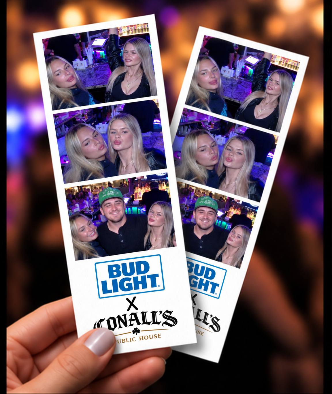 Illustrative hand holding two photo strips with sample Bud Light and Conall’s Public House branding.