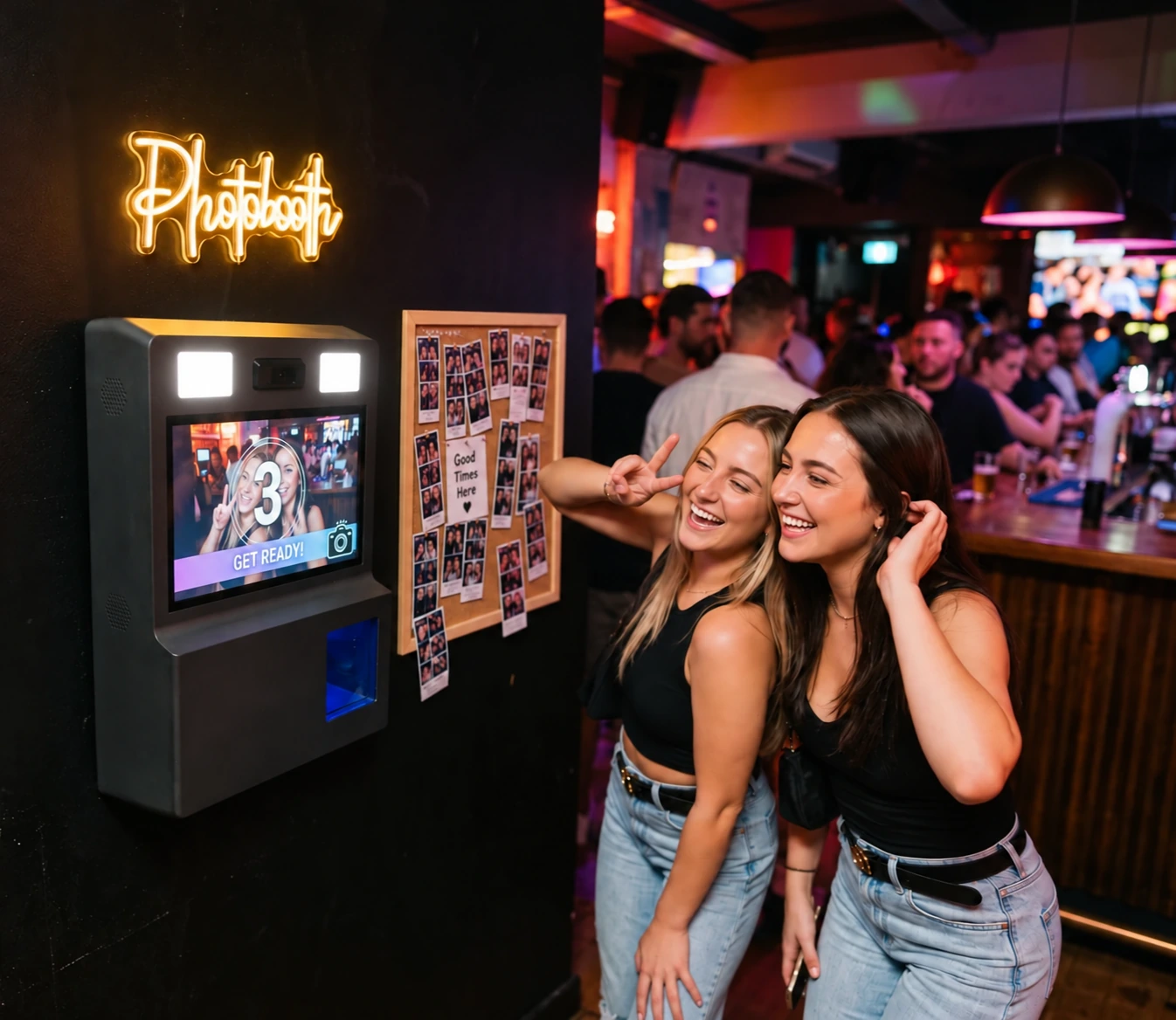 Illustration of The Story Board mounted on a bar wall, with two guests posing beside it.