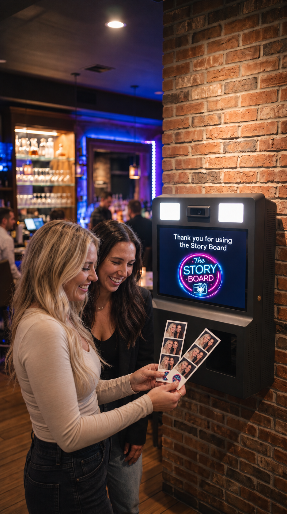 Illustrative scene of two guests holding photo strips beside a Story Board photo booth in a bar.